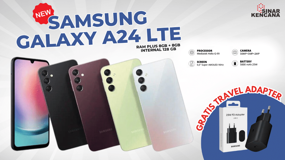 samsung a24 lte dilengkapi ois kamera dan sudah support nfc, samsung a24 4g ini gratis travel adapter 25w