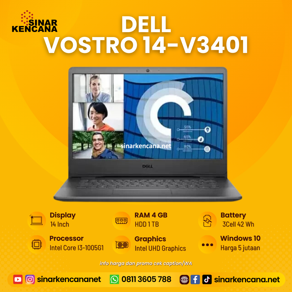 LAPTOP DELL VOSTRO 14-V3401 BLACK I3 1005G1/4GB/1TB/14"/WIN10