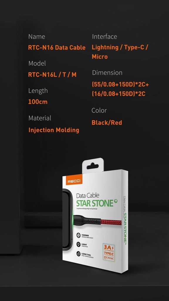 Kabel Data Type-C RECCI RTC-N16C 3A