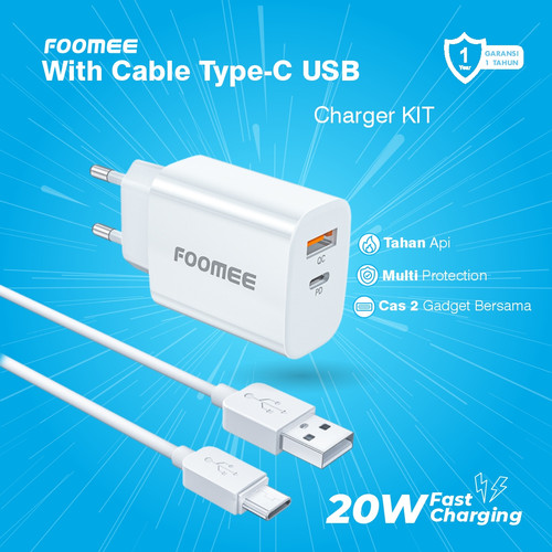 Charger FOOMEE KIT QC3.0+PD20W 2USB With Kabel Type-C CQ11