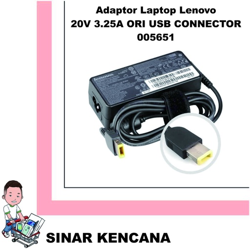 [005651] Adaptor Laptop LENOVO 20V 3.25A ORI ( USB CONNECTOR )